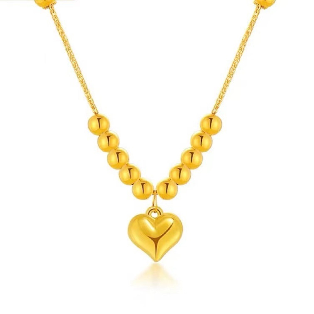 Gold 18kt Heart Pendant Beaded Necklace with Elegant Chain